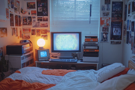 Messy bedroom with vintage computer and television set, vhs player and tapes, and posters on the wallの素材
