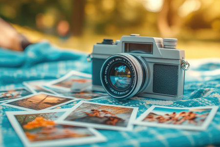 Vintage camera resting on printed photos scattered on a blanket, evoking nostalgia and memories of past adventuresの素材