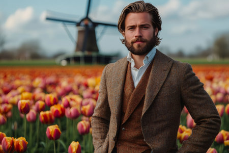 Entrepreneur standing in colorful dutch tulip field with traditional windmill, enjoying colorful landscapeの素材