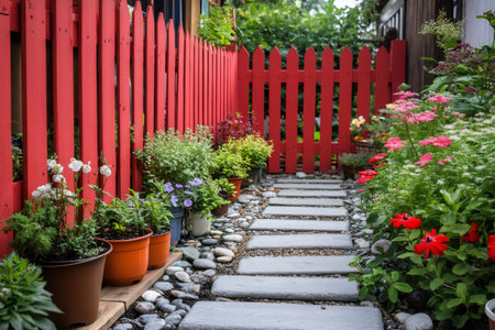 Potted plants lining a stone pathway bordered by a vibrant red picket fence in a colorful gardenの素材