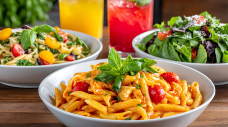 Penne pasta with tomato sauce, fettuccine, and green salad bowls on a wooden tableの素材