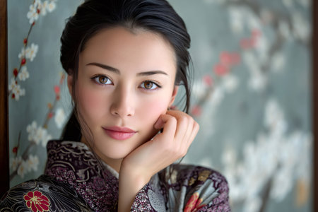 Young asian woman wearing a beautiful kimono, portraying elegance and cultural heritageの素材