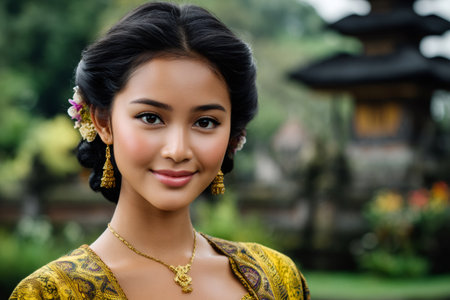 Balinese woman posing for portrait in traditional clothing with a temple backgroundの素材