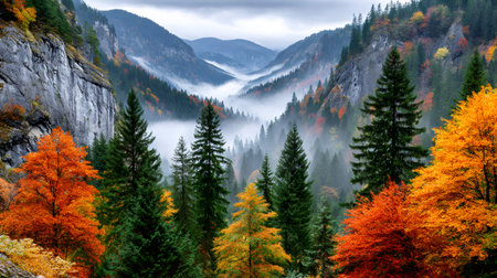 Misty fog filling tranquil mountain valley during autumn and vibrant foliageの素材