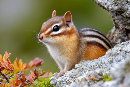 Cute chipmunk peering from rock with moss and autumn leaves on blurred green backgroundの素材