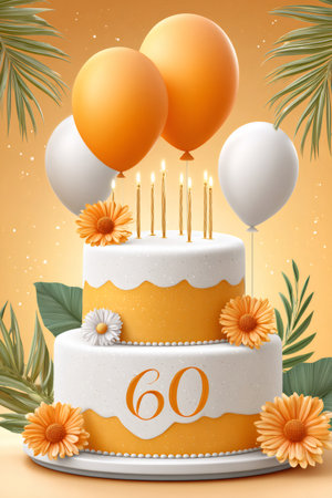 Two tier birthday cake for 60th celebration adorned with candles, flowers, balloons, and palm leavesの素材