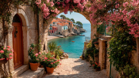 Flowering archway of an old stone building frames a charming Italian coastal villageの素材