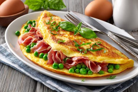 Omelette filling with prosciutto and green peas, garnished with fresh basil leavesの素材