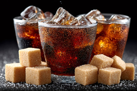 Three glasses of bubbly soda with ice and scattered brown sugar cubes on a dark backgroundの素材