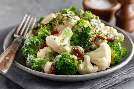 Healthy broccoli and cauliflower florets with sundried tomatoes and a creamy dressingの素材