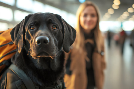 Black labrador dog wearing a backpack standing in an airport with its blurred owner in the backgroundの素材