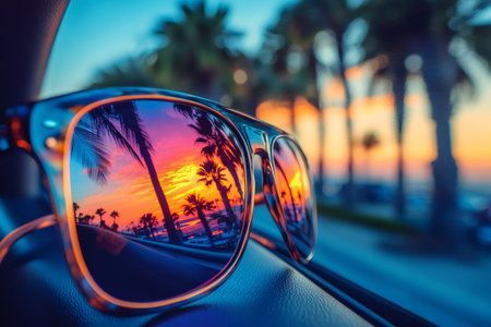 Sunglasses are reflecting a beautiful tropical sunset with palm trees on a car dashboardの素材