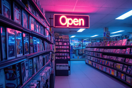 Movie rental store illuminated with neon lights, showcasing an open sign and shelves filled with various film titlesの素材