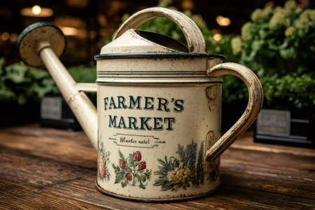 Vintage watering can with farmer's market text sitting on a rustic wooden tableの素材