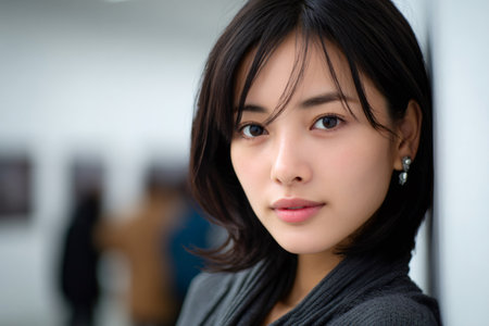Young asian woman with short hair posing in an indoor settingの素材