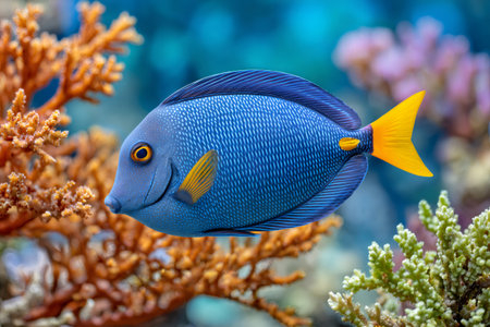 Blue tang fish swimming peacefully in a vibrant coral reef environmentの素材