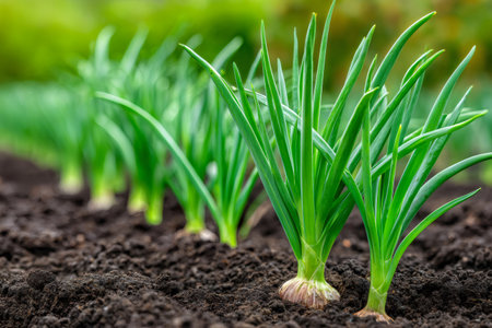 Green onions growing in dark soil, showing healthy agricultural plantingの素材