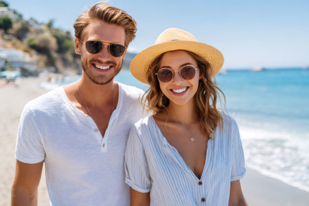 Young couple enjoying sunny summer day on beach together, wearing sunglassesの素材