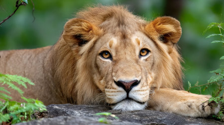Male lion resting on a rock, watching with intense eyesの素材