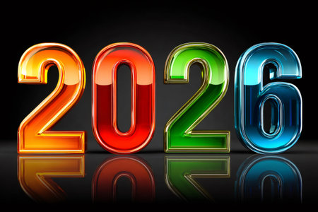 Vivid 2026 numbers anticipating new year's celebrations and future events on a black backgroundの素材