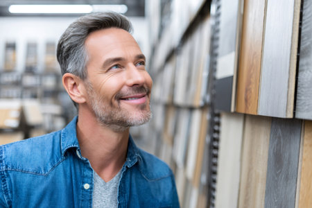Smiling man choosing new wood laminate flooring for home improvement projectの素材