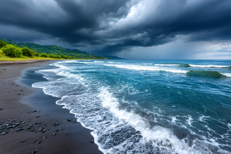 Waves breaking on a black sand beach under a dramatic stormy skyの素材