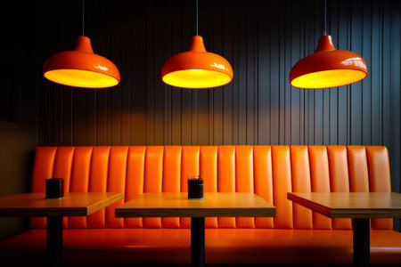 Retro style diner booth featuring vibrant orange seating and illuminated pendant lampsの素材