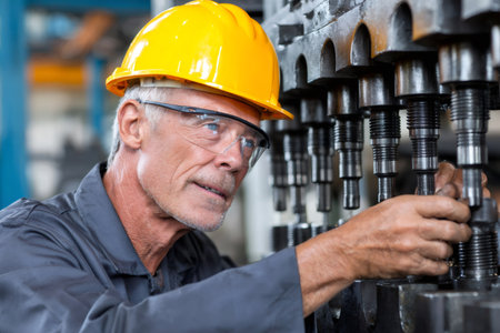 Older man working on factory machinery checking engineering componentsの素材