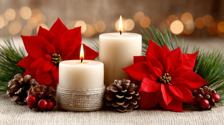 Lit candles and poinsettia plants decorating a table with festive holiday bokeh backgroundの素材