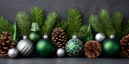 Green and silver christmas baubles with pine cones on a dark backgroundの素材