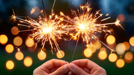 Hands holding two bright sparklers over a background of golden bokeh lightsの素材