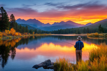 Man standing on the lake shore fishing as colorful sunset reflects on waterの素材