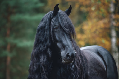 Black Friesian horse with long mane looking at camera in autumn natureの素材