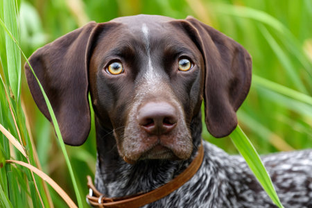 German shorthaired pointer dog portrait in tall green grassの素材