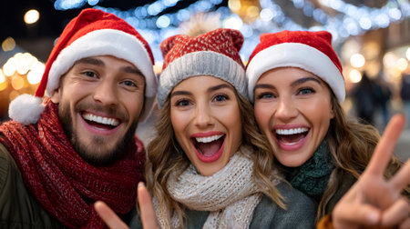Happy young adult friends are taking a selfie expressing joy during winter holidaysの素材