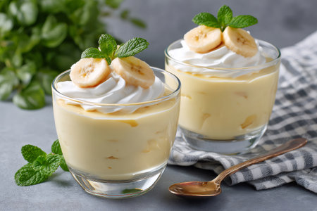 Creamy banana pudding served in glasses, topped with whipped cream, banana slices, and fresh mintの素材