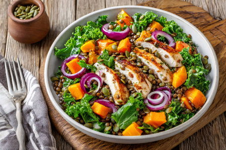 Fresh salad bowl featuring grilled chicken, kale, lentils, roasted pumpkin, and red onionの素材