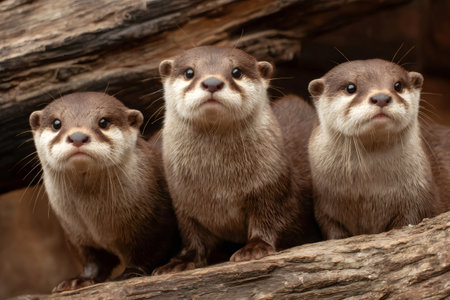 Three otters sitting on a log together, showing curiosity and alertnessの素材