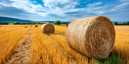 Golden hay bales lying in a harvested wheat field under a blue sky with cloudsの素材