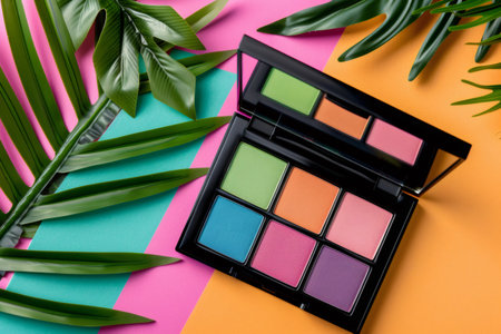 Eyeshadow palette with vibrant colors and tropical leaves on a colorful backgroundの素材