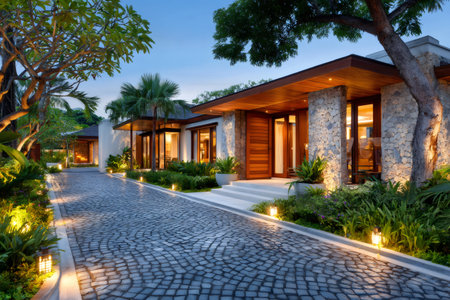 Tropical resort style home exterior with stone and wood details, featuring a paved driveway and landscape lightingの素材