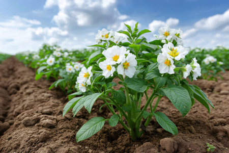 Potato plants flowering white blossoms in rows of cultivated farm land under blue skyの素材