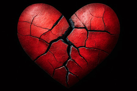 Broken red heart showing cracks and separation on a dark backgroundの素材