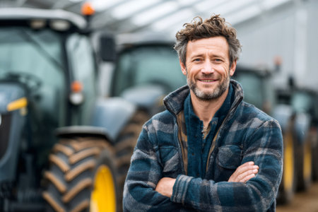 Confident farmer man in plaid jacket smiling, standing with arms crossed in front of tractorsの素材
