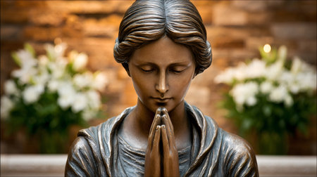 Bronze statue depicting a woman with clasped hands, praying in a church settingの素材