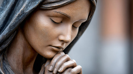 Virgin mary statue clasping hands in prayer, conveying faith, peace, and spiritualityの素材