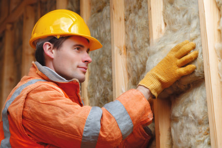 Worker installing mineral wool insulation to improve a building's energy efficiencyの素材