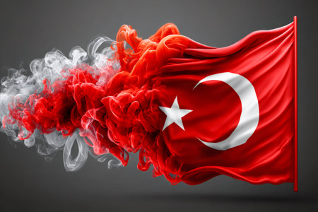 Turkish national flag with star and crescent bleeding into abstract red and white smokeの素材