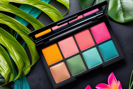 Eyeshadow palette displaying vibrant colors with monstera leaves for a tropical beauty conceptの素材