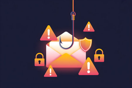 Email with a fishing hook and danger warnings illustrating a security threatの素材